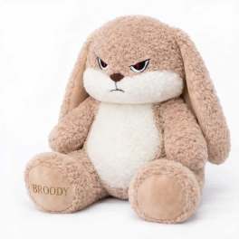 Plush bunny stuffed animal with a stern expression and long ears