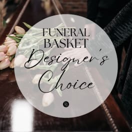 Pink tulips in a basket with funeral basket text overlay