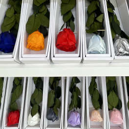 Single roses in white boxes with colorful ribbon accents