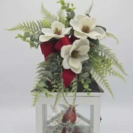 Red Cardinal White Wood Lighted Lantern