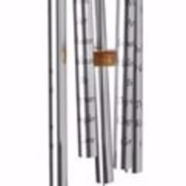 Hanging wind chime with metal tubes and a wooden prayer plaque
