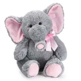 Gray plush elephant with pink ears and ribbon