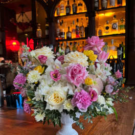 Endless Summer arrangement- Hydrengeas, garden roses, stock, orchid