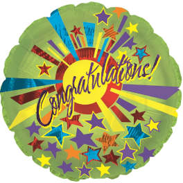 Round green congratulatory balloon with colorful stars