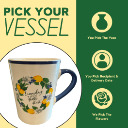 Decorative ceramic mug with floral lemon design and text