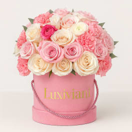 Pink and cream roses arranged in a pink hat box