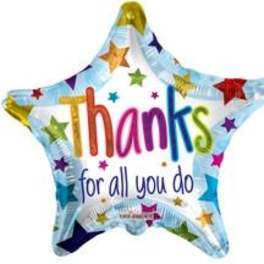 Star-shaped balloon with "Thanks for all you do" text