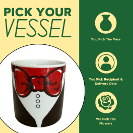 Decorative ceramic vase with a red bowtie tuxedo design