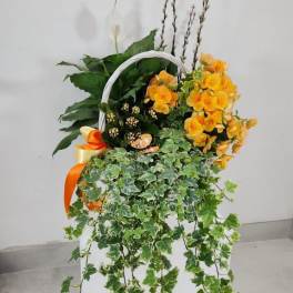 Tall mixed plant basket with trailing ivy, orange flowers, and a white bloom in a white container