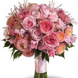 Pink rose bouquet with a satin ribbon wrap