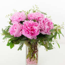 Pink peony bouquet in a clear glass vase