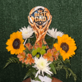 Sunflower and white daisy arrangement in a soccer-themed vase with a Best Dad topper