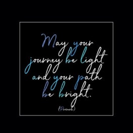 Framed quote print with blue and white script on a black background
