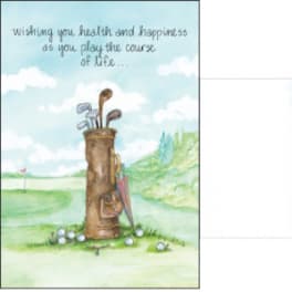Golf-themed greeting card with clubs and a flag on a pastel course scene
