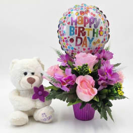 Happy Birthday Bear, Balloon & Silk Arrangement