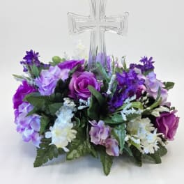 Crystal Cross with Silk Shades of Purple Flowers