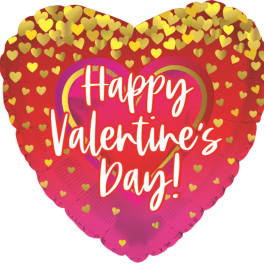 Heart-shaped Valentine’s Day balloon with gold hearts and text