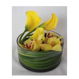Yellow orchids arranged in a striped glass bowl