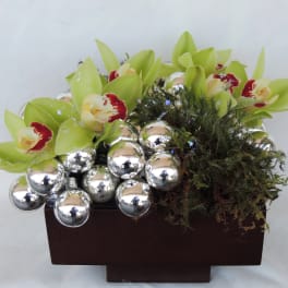 Green orchids with silver ornaments in a rectangular planter