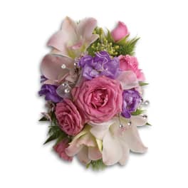 Pink and purple floral bouquet with ribbon and crystal accents