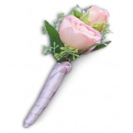 Pink rose boutonniere with lavender ribbon wrap