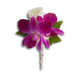 Purple orchid boutonniere with white rose and green leaves