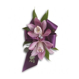 Pink orchid corsage with purple ribbon and green leaves