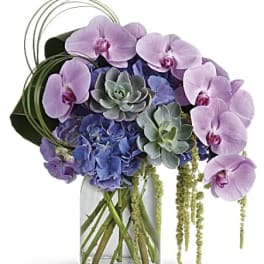 Bouquet of pink orchids and blue hydrangeas in a glass vase