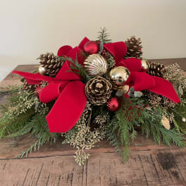 Ornaments, pinecones and ribbon