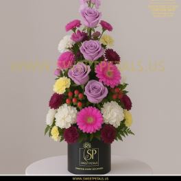 Tiered bouquet of lavender roses, pink gerberas, and mixed daisies in a black box