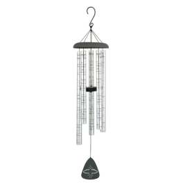 Hanging wind chime with clear tubes and a dark top and striker