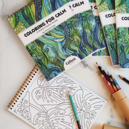 Coloring books and colored pencils arranged on a light surface
