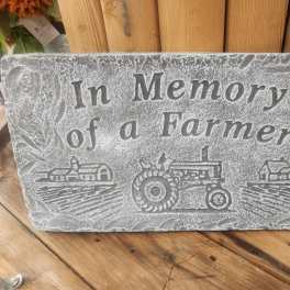 "In memory of a Farmer" cement memorial stone with stand