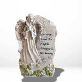 Angel memorial plaque with roses and the words "Forever with the Angels"