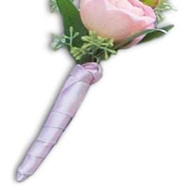 Small pink rose boutonniere with lavender ribbon wrap
