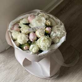 Bouquet of white and pale pink peonies wrapped in blush paper