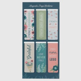 Set of six floral magnetic page markers with inspirational text