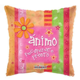 Decorative square pillow with colorful floral patchwork and text