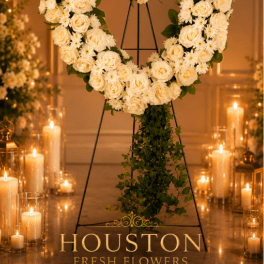 Heart-shaped floral wreath of white roses and daisies on a stand