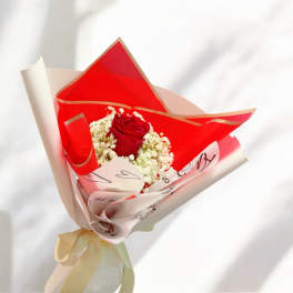 Single red rose bouquet wrapped in red and white paper