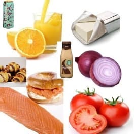 Collage of assorted food items including juice, pastries, bagel with salmon, tofu, onions, and tomatoes.