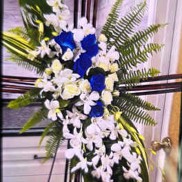 Heaven's Embrace Cross Standing Spray - White & Light Blue