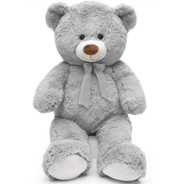 Gray teddy bear plush with a ribbon bow