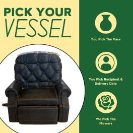 Black leather armchair-shaped vase with text and icons