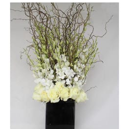 White roses and orchids in a tall black vase with curly branches