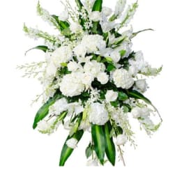 White floral spray with roses and hydrangeas