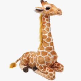 Plush giraffe toy sitting on a white background