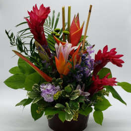 Tropical flower arrangement in a dark container with red and orange blooms