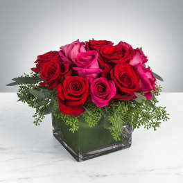 Red and pink roses arranged in a square glass vase