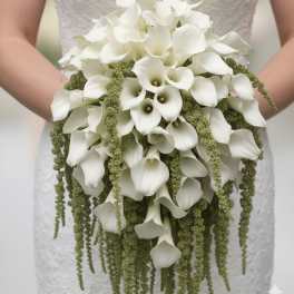 Bride holding a cascading bouquet of white calla lilies